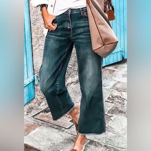 Tall Washed Raw Hem Mid Waist Wide Leg Jeans